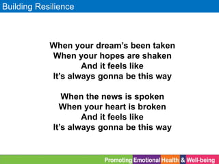 Building Resilience
When your dream’s been taken
When your hopes are shaken
And it feels like
It’s always gonna be this way
When the news is spoken
When your heart is broken
And it feels like
It’s always gonna be this way
 