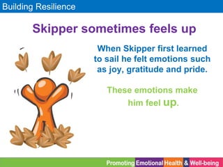 Building Resilience
Skipper sometimes feels up
When Skipper first learned
to sail he felt emotions such
as joy, gratitude and pride.
These emotions make
him feel up.
 