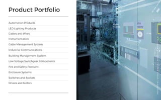 Product Portfolio
Automation Products
Building Management System
Instrumentation
LED Lighting Products
Low Voltage Switchgear Components
Fire and Safety Products
Enclosure Systems
Switches and Sockets
Drivers and Motors
Cable Management System
Cables and Wires
Industrial Communications
INDUSTRIALSTOCKSALES/PRODUCTPORTFOLIO
14
 