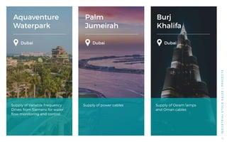 Aquaventure
Waterpark
Palm
Jumeirah
Burj
Khalifa
Dubai Dubai Dubai
Supply of Variable Frequency
Drives from Siemens for water
flow monitoring and control
Supply of power cables Supply of Osram lamps
and Oman cables
INDUSTRIALSTOCKSALES/PROJECTS
16
 