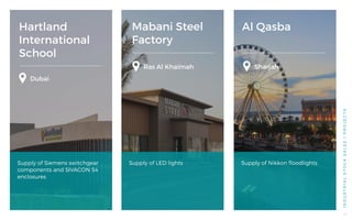 Hartland
International
School
Mabani Steel
Factory
Al Qasba
Dubai
Sharjah
Supply of Siemens switchgear
components and SIVACON S4
enclosures
Supply of LED lights Supply of Nikkon floodlights
INDUSTRIALSTOCKSALES/PROJECTS
Ras Al Khaimah
17
 
