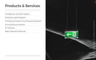 Products & Services
Fire Detection and Alarm System
ELV and Security Solutions
Emergency Lighting System
ICT Solutions
Fire Fighting Products / Gas Extinguishing System
Water Treatment Chemicals
BUILDINGTECHNOLOGIES/PRODUCTS&SERVICES
26
 