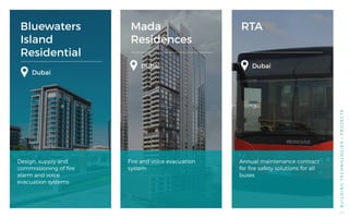 Bluewaters
Island
Residential
Mada
Residences
RTA
Dubai
Design, supply and
commissioning of fire
alarm and voice
evacuation systems
Fire and voice evacuation
system
Annual maintenance contract
for fire safety solutions for all
buses
BUILDINGTECHNOLOGIES/PROJECTS
Dubai Dubai
29
 