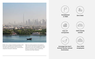 With an active presence throughout
UAE, Oman and Saudi Arabia; its reach
stretches across Asia, Middle East, and
African continent, parts of America,
Australia and New Zealand.
ESAG has a range of diverse product and
business interests that predominantly
include retail, building and construction,
industrial and joint ventures.
Established
in 1960
100% family
owned
Over 27
companies
Amongst the top 5
Emirati family-owned
businesses
Over 3000
employees
Zero debt
 