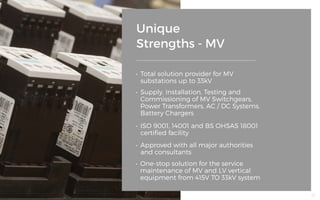 Unique
Strengths - MV
•	 Total solution provider for MV
substations up to 33kV
•	 Supply, Installation, Testing and
Commissioning of MV Switchgears,
Power Transformers, AC / DC Systems,
Battery Chargers
•	 ISO 9001, 14001 and BS OHSAS 18001
certified facility
•	 Approved with all major authorities
and consultants
•	 One-stop solution for the service
maintenance of MV and LV vertical
equipment from 415V TO 33kV system
42
 