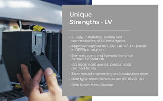 Unique
Strengths - LV
•	 Supply, installation, testing and
commissioning of LV switchgears
•	 Approved supplier for LVAC / RCP / LCC panels
in DEWA substation
•	 Siemens agent and licensed franchise
partner for SIVACON
•	 ISO 9001, 14001 and BS OHSAS 18001
certified facility
•	 Experienced engineering and production team
•	 Own type-tested panels as per IEC 61439-1&2
•	 Own Sheet Metal Division
43
 