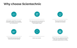 360 degree capabilities of supply,
installation, testing, commissioning
and maintenance
Automated and remote sales
services with SAP Mobility
Strong partnership with
principals and vendors
One-stop solution for engineering,
electrical, electronic and
technological needs
World-class brands
Why choose Scientechnic
State-of-the-art warehousing facility
with over 10,000 SKUs to meet
immediate requirements of clients
 