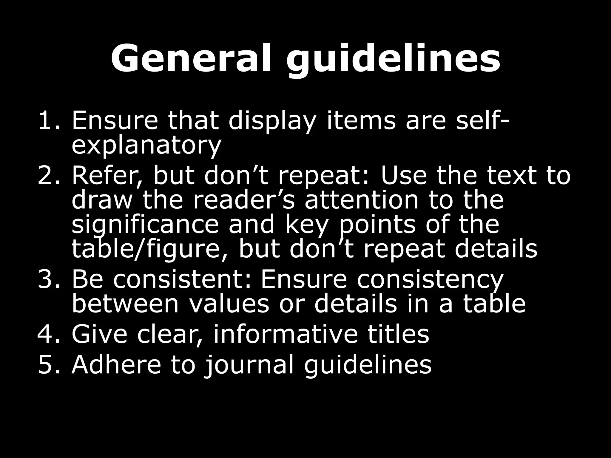 General guidelines
1. Ensure that display items are self-
explanatory
2. Refer, but don’t repeat: Use the text to
draw the reader’s attention to the
significance and key points of the
table/figure, but don’t repeat details
3. Be consistent: Ensure consistency
between values or details in a table
4. Give clear, informative titles
5. Adhere to journal guidelines
 