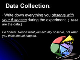 Write down everything you  observe with your 5 senses  during the experiment.  (These are the data.) Be honest. Report what you actually observe, not what you think should happen.   Data Collection : 