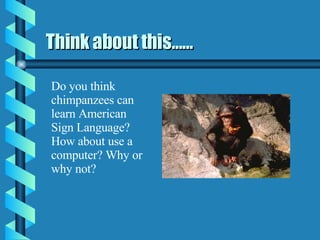 Think about this…… Do you think chimpanzees can learn American Sign Language? How about use a computer? Why or why not?  
