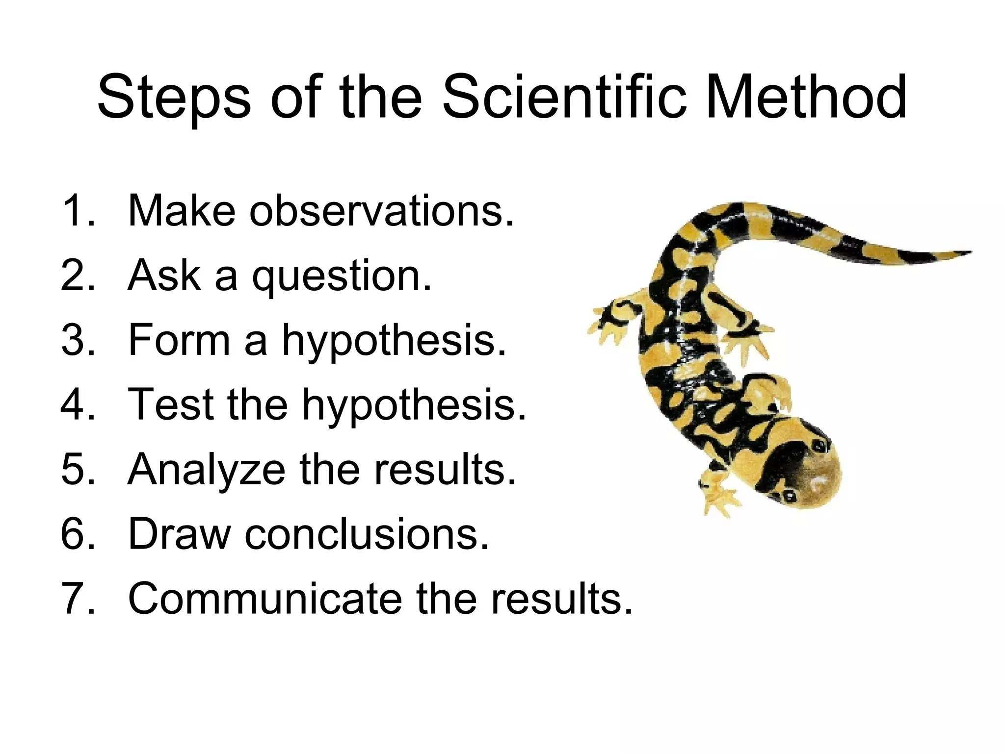 Steps of the Scientific Method Make observations.  Ask a question.  Form a hypothesis.  Test the hypothesis.  Analyze the results.  Draw conclusions.  Communicate the results.  