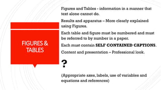 FIGURES&
TABLES
Figures and Tables - information in a manner that
text alone cannot do.
Results and apparatus – More clearly explained
using Figures.
Each table and figure must be numbered and must
be referred to by number in a paper.
Each must contain SELF CONTAINED CAPTIONS.
Content and presentation – Professional look.
?
(Appropriate axes, labels, use of variables and
equations and references)
 