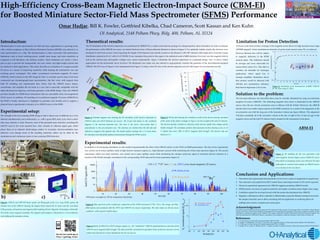 High-Efficiency Cross-Beam Magnetic Electron-Impact Source (CBM-EI)
for Boosted Miniature Sector-Field Mass Spectrometer (SFMS) Performance
                                                                         Omar Hadjar, Bill K. Fowler, Gottfried Kibelka, Chad Cameron, Scott Kassan and Ken Kuhn
                                                                                                                                  OI Analytical, 2148 Pelham Pkwy, Bldg. 400, Pelham, AL 35124
Introduction:                                                                                             Theoretical results:                                                                                                                                                                                                                                              Limitation for Proton Detection
Miniaturization of mass spectrometers for field and space applications is a growing trend,                The 3D simulation of the electron trajectories was performed by SIMION 8.0, a widely used software package for charged-particle optics simulation. In order to simulate                                                                                           Previous work showed that a redesign of the magnetic-sector allows for high dynamic mass range
with a distinct emphasis on Micro-Electro-Mechanical Systems (MEMS), also referred to as                  the performance of the CBM-EI ion source, we started electrons from a 100-µm-diameter filament as shown in figure 2. For optimally realistic results, the electrons were                                                                                          (HDMR magnet)2, where simultaneous detection of proton (unit mass) to mass 70 u is achieved.
                                                                                                                                                                                                                                                                                                                                                                                                                                                           10
mass spectrometers on a chip. But miniaturization is often associated with performance                    simulated to start from an area 1-mm long along the length of the filament and centrally located on the filament, with 180° emission solid angle and a Gaussian energy                                                                                            However thermal ions will be subject
limitations, such as lower resolving power, smaller mass range, and lower sensitivity as                  distribution centered at 0.5 eV with 0.3 eV FWHM. Every simulated data point in this paper is the statistical result of 4000 electrons. For every run, the magnetic field as                                                                                      to magnetic deflection in the SFMS




                                                                                                                                                                                                                                                                                                                                                                                                                                    Ion transmission (%)
compared to full laboratory and desktop systems. Those limitations are clearly a heavy                    well as the electron-trap and-repeller voltages were varied systematically. Figure 2 illustrates the electron trajectories in a potential energy view, to elicit a better                                                                                         analysis plane. This deflection should
                                                                                                                                                                                                                                                                                                                                                                                                                                                            1
price to pay to provide the transportable, low-cost, robust, and light-weight systems that                appreciation for the electrostatic forces involved. The illustrated view plane was also selected to appropriately visualize the geometry of the dual-filament-equipped                                                                                            be stronger and more observable for                                                                                     
are desired for field applications. This article describes an evaluation of a magnet-assisted             CBM-EI. The XYZ axes of Figure 2 were maintained from Figure 1 to keep a clear 3D view of the electron-injection axis (Z) with respect to ion-extraction axis (X).                                                                                                masses below about 14 u. This effect is                                                                        FB  q  v  B
EI source as a means of improving sensitivity while keeping the instrument's size and                                                                                                                                                                                                                                                                                       certainly not desirable for hydrogen                                           0.1

resolving power unchanged. This rather conventional cross-beam magnetic EI source                                                                                                                                                                                            60
                                                                                                                                                                                                                                                                                                                                                                            applications        where       signal     loss    is




                                                                                                                                                                                                                                          -1
                                                                                                                                                                                                                                                                 )
                                                                                                                                                                                                                                                 ron density (m
(CBM-EI), which is based on the 1947 design by Nier1, is currently used in many if not most                                                                                                                                                                                     50                                                                                          strongly amplified. Simulation shows
commercial gas chromatograph/mass spectrometers. But this work, with support from                                                                                                                                                                                                                                                                                           that protons would be detected with                                 0.01
                                                                                                                                                                                                                                                                                   40                                                                                                                                                                            0     5   10   15   20   25   30     35      40   45   50   55   60   65   70
both 3D modeling and experimental data, shows that the CBM-EI source shapes,                                                                                                                                                                                                                                                                                                100-fold less transmission efficiency                                                                                   m/z (u)

concentrates, and amplifies the ion beam in a way that is especially compatible with the
                                                                                                                                                                                                                                                                                      30                                                                                                                                                                   Figure 6: Simulation of ion transmission at 400G CBM-EI
                                                                                                                                                                                                                                                                                                                                                                            than that for high-mass (>14 u) ions.
                                                                                                                                                                                                                                                                                                                                                                                                                                                           for the mass range [1, 68] u.




                                                                                                                                                                                                                                           elect
object-slit-based ion trajectory and beam geometry of the SFMS design. Thus, the CBM-EI                                                                                                                                                                                                 20

provides benefits for SFMS-based instruments that are unavailable from non-magnetized                                                                                                                                                                                                       10                                                                              Solution to the problem:
CB-EI sources. In addition, 3D modeling of an axial-beam magnetic EI source (ABM-EI) for                                                                                                                                                                                                     0                                                                              The low-mass efficiency loss described above may be virtually eliminated by using an axial-beam




                                                                                                                                                                                                                                                            ele
                                                                                                                                                                                                                                                                                                     0
the SFMS is briefly introduced to highlight its potential extra benefits and to support a                                                                                                                                                                                                             -2




                                                                                                                                                                                                                                                                ctr
                                                                                                                                                                                                                                                                                                        -5                                                                  magnetic EI source (ABM-EI)3. The deflecting magnetic force above is eliminated in the ABM-EI




                                                                                                                                                                                                                                                                    o
                                                                                                                                                                                                                                                                                                         -10




                                                                                                                                                                                                                                                                                            nr
planned future experimental evaluation of an ABM-EI source in the SFMS.                                                                                                                                                                                                                                    -15                                             60 700           source, since the ion velocity (extraction axis) is collinear with the B-field. Moreover, the ABM-EI




                                                                                                                                                                                                                                                                                              epe
                                                                                                                                                                                                                                                                                                             -20                                    40 500   0
                                                                                                                             z                                                                                                                                                                                 -25                            30




                                                                                                                                                                                                                                                                                                 l
                                                                                                                                                                                                                                                                                                                                                      0
                                                                                                                     y                                                                                                                                                                                                                                                      should yield even further improvement in the SFMS sensitivity as a result of the alignment of the




                                                                                                                                                                                                                                                                                                     ler
                                                                                                                                                                                                                                                                                                                                        20      0
                                                                                                                                                                                                                                                                                                                                  10
Experimental setup:                                                                                                                                                                                                                                                                                                                                     (G)
                                                                                                                                                                                                                                                                                                                 -30         0      0
                                                                                                                                                                                                                                                                                                                                          0
                                                                                                                                                                                                                                                                                                                                                 -field




                                                                                                                                                                                                                                                                                                       (V
                                                                                                                                                                                                                                                                                                                                               B                            ion-extraction axis with the long axis of the ionization volume (see figure bellow). This alignment




                                                                                                                                                                                                                                                                                                          )
The strength of the non-scanning SFMS design is that it allows ions of different m/z to be                                                                                                                                                                                                                                                                                  will place essentially all of the ionization volume in the line of sight of the 1.5-mm air gap of the
                                                                                                     Figure 2: Potential diagram view showing the 3D simulation of the electron trajectories in                 Figure 3: 3D bar plot showing the simulation results of the electron density calculated
detected simultaneously and continuously, i.e., with a quasi-100% duty cycle, when a solid-                                                                                                                                                                                                                                                                                 magnetic sector and the IonCCD detector that is situated at the instrument's focal plane.
                                                                                                     CBM-EI (top) and CB-EI (bottom) ion sources. The X-axis (not shown in the coordinate                       at the center of the yellow rectangle in Figure 2 at line of sight of the IonCCD detector.
state array detector is used. However, most of the pixelated array detectors, including the
                                                                                                     diagram) is the electrical potential axis. The view is the source cross-section that is                    The electron density is plotted as a function of the electron repeller bias voltage and the
IonCCD used in the work reported here, offer virtually no inherent signal gain, which
                                                                                                     perpendicular to the ion-extraction axis. The electrons are emitted from the left side and                 B-field strength. The simulation predicts that maximum electron density occurs at a 0
places them at an inherent disadvantage relative to secondary electron-multiplier type
                                                                                                     reflected or trapped at the opposite side. The slender yellow rectangle (0.1 x 1.5 mm) shows               V repeller bias and a 500- to 550 G magnetic field strength. The electron trap was
detectors, even though much of the resulting sensitivity deficit can be offset by the
                                                                                                     the ionization area that yields optimum transmission through the SFMS system.                              biased at 2 V.
simultaneous and continuous nature of non-scanning SFMS detection.



a)                       z     x                                                                     Experimental results:
                     y                                                                               In addition to the foregoing simulation, we also studied experimentally the effect of the CBM-EI relative to the CB-EI on SFMS performance. The first of two experiments
                                                                                                     was carried out in closed capillary mode at high electron emission regime (i.e., high filament current) while monitoring the whole mass spectrum (figure 4). The second
                                                                                                     experiment, which was more extensive, was carried out in open capillary mode while monitoring the nitrogen peak-area signal at moderate electron emission as a                                                                                                                                                                                                  Figure 7: 3D modeling for the next generation axial
                                                                                                     function of the B-field strength, normalized to the corresponding CB-EI data and EI source parameters (figure 5).                                                                                                                                                                                                                                               beam magnetic electron-impact source (ABM-EI) source
                                                                                                                                                                                                                                                                                                                                                                                                                                                                     from which encouraging results were observed. We have
                                                                                                                                                                                                                  -7
                                                                                                                          10000                                                              1 kV-1 T, 7*10 torr, 0 G vs. 450 G cross beam magnetic EI source                                                                                                                                                                                                        made plans to construct and evaluate an ABM-EI source
        0.1 mm slit plate
                                                                                                     IonCCD signal (dN)




                                          1.5 mm air gap                                                                                                                                                                                                                                                                                                                                                                                                             at our facility in the near future.
                                                                                                                           1000                                                                                                  3.3 W, 132 A, 2.2 nA


                                                                                                                                                                                                                                 4.2 W, 227 , 4.2 nA                                                                           18(5/7)            2+
                                                                                                                                                                                                                                                                                                                                                                            Conclusion and Applications:
                                                                                                                            100                                                                                                                                                                                                               Re                            1. Theoretical and experimental demonstration of one to two orders of magnitude in signal boost.
                                                                                                                                                                                                                                                                                                                                                                            2. This outcome is decoupled from MCP results4 hence total improvement of 105 can be expected.
                                                                                                                             10
                                                                                                                                                                                                                                                                                                                                                                            3. Theory-to-experiment agreements for CBM-EI suggests promising ABM-EI results.
                                                                                                                                                                                                                                                                                                                                                                            4. SFMS permits conversion of gained sensitivity into higher resolution hence higher mass range.
                                                                                                                              1
                                                                                                                                                                                                                                                                                                                                                                            5. Confidence gained for moving forward with the proton-discrimination-free ABM-EI.
                                                                           y                                                       10               20               30              40               50                 60                    70                                                             80                        90                     100
b)                                                 c)                           z x                       100 frames averaged @ 100 ms integration time/frame                                                m/z (u)                                                                                                                                                        6. Magnetic confinement will be exploited to differentially pump the filament emission area from
                                                                                                                                                                                                                                                                                                                                                                                  the sample ionization area to allow extending IonCam application to oxidizing (direct air
                                                                                                                                                                                                                                                         N2 normalized signal (SB/S(B=0))




Figure1: CBM-EI and MH-MS based system. a) Photograph of the 9 in. long SFMS system. b)                                                                                                                                                                                                                                normalized to electrons                                    sniffing) and corrosive samples and carrier gases.
                                                                                                          Figure 4: Mass spectrum of the residual gas composition of the SFMS instrument         (7*10-7   Torr). The orange- and blue-                                                                                normalized to ions
Zoomed view of the CBM-EI showing the magnet frame around the EI source and the cross-beam                                                                                                                                                                                                  100
                                                                                                          filled spectra were produced with the CB-EI and CBM-EI ion sources respectively. The inset values are the ion source                                                                                                                                              Acknowledgement
(CB) geometry. c) Geometry and magnetic field modeling (Dexter Magnetic Technologies, Hicksville,                                                                                                                                                                                                                                                                           The authors acknowledges the financial support of OI Analytical for this research. The principal author would like to thank Michael
                                                                                                          conditions with respective B-field values.                                                                                                                                                                                                                        Devine and Chun Li from Dexter Magnetic Technologies for the modeling and fabrication of the source magnetic assembly and for
NY) of the source magnetic assembly. The magnetic field analysis is illustrated in a 4 mm-diameter                                                                                                                                                                                                                                                                          modeling the cylindrical magnet for the ABM-EI. The author would like to thank CMS Field Products for technical support. The
                                                                                                                                                                                                                                                                                                                                                                            work was performed at CMS Field Products, a subsidiary of OI Analytical, within the Analytics Value Center of Xylem, Inc.
circle defining the ionization volume.                                                                                                                                                                                                                                                       10
                                                                                                                                                                                                                                                                                                                                                                            References
                                                                                                                                                                                                                                                                                                                                                                            1.   A. O. Nier, Review of Scientific Instruments 18 (6), 398-411 (1947).
                                                                                                                                                                                                                                                                                                                                                                            2.   O. Hadjar, T. Schlathölter, S. Davila, et al. Journal of the American Society for Mass Spectrometry 22 (10), 1872-1884 (2011).
                                                                                                                                                                                                                                                                                                                                                                            3.   C. J. Park and J. R. Ahn, Review of Scientific Instruments 77 (8), 1-5 (2006).
                                                                                                              Figure 5: Ratio of CBM-EI to CB-EI nitrogen signals (i.e., the "normalized" CBM-EI signal) plotted as a function of the                                                            1                                                                          4.   O. Hadjar, W. K. Fowler, G. Kibelka and W. C. Schnute, Journal of American Society of Mass Spectrometry 23 (2), 418-424 (2012).
                                                                                                                                                                                                                                                     +




                                                                                                              CBM-EI source magnetic field strength. The data are further normalized to equivalent levels of electron emission current
                                                                                                                                                                                                                                                                                                 -100         0        100       200    300      400     500    600   700
                                                                                                              (solid) and extracted ion current (dashed) for the two ion sources.
                                                                                                                                                                                                                                                                                                                                 B-field (G)
 