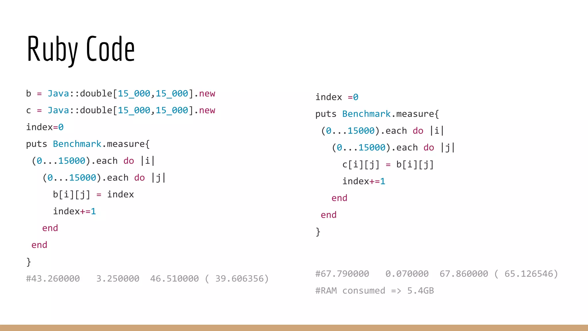 Ruby Code index =0 puts Benchmark.measure{ (0...15000).each do |i| (0...15000).each do |j| c[i][j] = b[i][j] index+=1 end end } #67.790000 0.070000 67.860000 ( 65.126546) #RAM consumed => 5.4GB b = Java::double[15_000,15_000].new c = Java::double[15_000,15_000].new index=0 puts Benchmark.measure{ (0...15000).each do |i| (0...15000).each do |j| b[i][j] = index index+=1 end end } #43.260000 3.250000 46.510000 ( 39.606356) 
