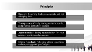 Honesty: Reporting findings accurately and not
falsifying data.
Transparency: Clearly sharing methods, results,
and potential conflicts of interest.
Accountability: Taking responsibility for your
research practices and outcomes.
Ethical Conduct: Following ethical guidelines
and respecting participant’s rights.
Principles
 