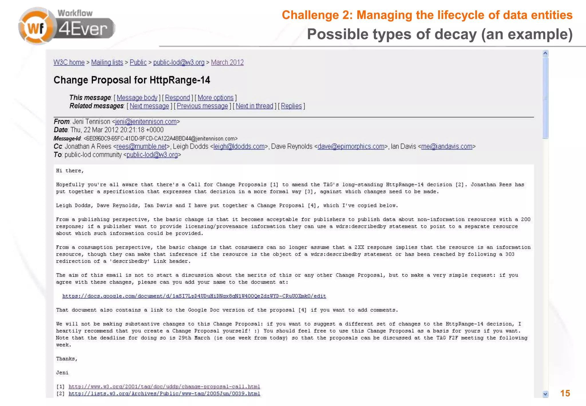 Challenge 2: Managing the lifecycle of data entities
    Possible types of decay (an example)




                                                 15
 
