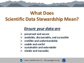 What Does
Scientific Data Stewardship Mean?
Ensure your data are
 preserved and secure
 available, discoverable, and acc...