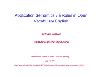 Application Semantics via Rules in Open
           Vocabulary English


                                Adrian Walker

                      www.reengineeringllc.com



                   Presentation for theSci entific Discourse Meeting

                                    July 11 2011

http://www.w3.org/wiki/HCLSIG/SWANSIOC/Actions/RhetoricalStructure/meetings/20110711


                                                                                       1
 