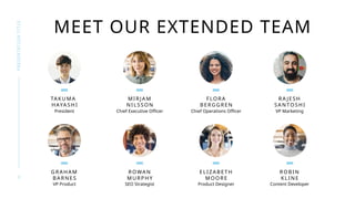 9
PRESENTATION
TITLE
MEET OUR EXTENDED TEAM
TAKUMA
HAYASH I
President
GRAH AM
BARNES
VP Product
MIRJAM
NILSSON
Chief Executive Officer
ROWA N
MU RPH Y
SEO Strategist
FLORA
BERGGREN
Chief Operations Officer
ELI ZABETH
MOORE
Product Designer
RA JESH
SANTOSHI
VP Marketing
ROBIN
KLINE
Content Developer
 