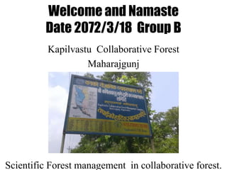 Welcome and Namaste
Date 2072/3/18 Group B
Kapilvastu Collaborative Forest
Maharajgunj
Scientific Forest management in collaborative forest.
 