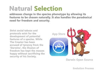 Natural Selectionaddresses change in the species phenotypeby allowing its features to be chosen naturally. It also handles the paradoxical need for freedom and security. Strict social taboos and protocols exist for the development of potential features of a species. While The Creator has been accused of tyranny from the ‘Darwins’, the illusion of freedom has kept the masses happy without sacrificing the security of his Society.App StoreDarwin Open SourceEvolution Process
