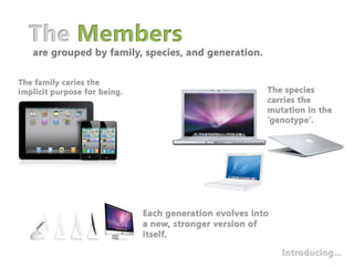 The Membersare grouped by family, species, and generation.The family caries the implicit purpose for being.The species carries the mutation in the ‘genotype’. Each generation evolves into a new, stronger version of itself.Introducing…