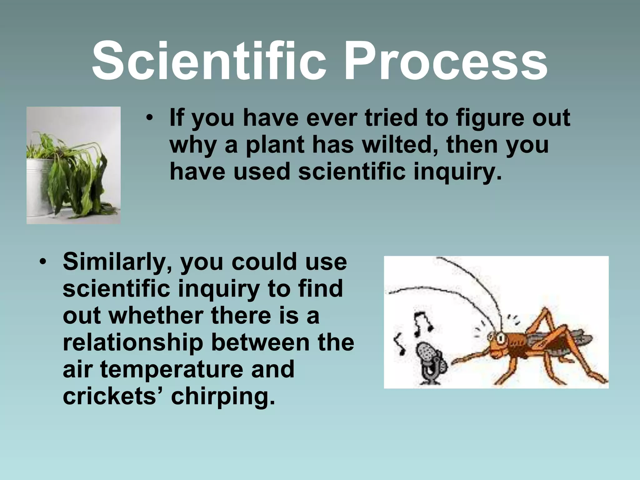 • If you have ever tried to figure out
why a plant has wilted, then you
have used scientific inquiry.
• Similarly, you could use
scientific inquiry to find
out whether there is a
relationship between the
air temperature and
crickets’ chirping.
Scientific Process
 