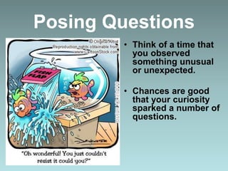 Posing Questions
• Think of a time that
you observed
something unusual
or unexpected.
• Chances are good
that your curiosity
sparked a number of
questions.
 