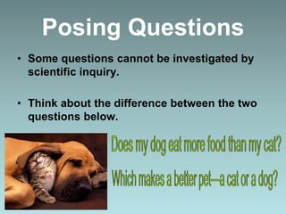 Posing Questions
• Some questions cannot be investigated by
scientific inquiry.
• Think about the difference between the two
questions below.
 