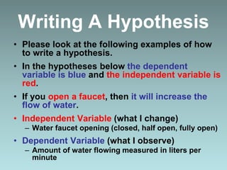 Writing A Hypothesis
• Please look at the following examples of how
to write a hypothesis.
• In the hypotheses below the dependent
variable is blue and the independent variable is
red.
• If you open a faucet, then it will increase the
flow of water.
• Independent Variable (what I change)
– Water faucet opening (closed, half open, fully open)
• Dependent Variable (what I observe)
– Amount of water flowing measured in liters per
minute
 