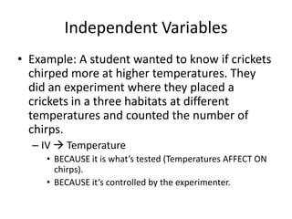 Independent Variables
• Example: A student wanted to know if crickets
chirped more at higher temperatures. They
did an experiment where they placed a
crickets in a three habitats at different
temperatures and counted the number of
chirps.
– IV  Temperature
• BECAUSE it is what’s tested (Temperatures AFFECT ON
chirps).
• BECAUSE it’s controlled by the experimenter.
 