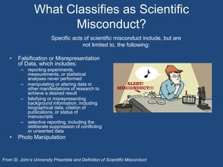 What Classifies as Scientific Misconduct?Specific acts of scientific misconduct include, but are not limited to, the following:Falsification or Misrepresentation of Data, which includes:reporting experiments, measurements, or statistical analyses never performedmanipulating or altering data or other manifestations of research to achieve a desired resultfalsifying or misrepresenting background information, including biographical data, citation of publications, or status of manuscriptsselective reporting, including the deliberate suppression of conflicting or unwanted dataPhoto ManipulationFrom St. John’s University Preamble and Definition of Scientific Misconduct