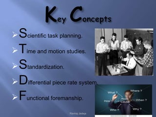  Scientific task planning.
 Time and motion studies.
 Standardization.
 Differential piece rate system.
 Functional foremanship.
                      Raviraj Jadeja
 