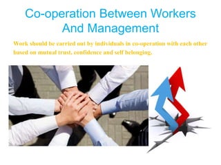 Co-operation Between Workers
And Management
Work should be carried out by individuals in co-operation with each other
based on mutual trust, confidence and self belonging.
 