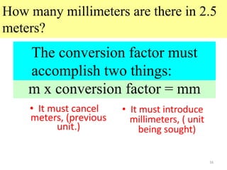 16
How many millimeters are there in 2.5
meters?
• It must cancel
meters, (previous
unit.)
• It must introduce
millimeters, ( unit
being sought)
unit1 x conversion factor = unit2
m x conversion factor = mm
The conversion factor must
accomplish two things:
 