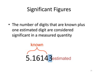 25
Significant Figures
• The number of digits that are known plus
one estimated digit are considered
significant in a measured quantity
estimated5.16143
known
 