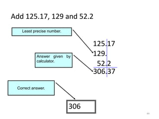 44
Add 125.17, 129 and 52.2
125.17
129.
52.2
306.37
Answer given by
calculator.
Least precise number.
Round off to the nearest
unit.
306.37
Correct answer.
 