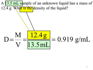70
A 13.5 mL sample of an unknown liquid has a mass of
12.4 g. What is the density of the liquid?
M
D
V
 0.919 g/mL
12.4g
13.5mL

 