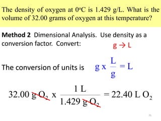 75
The density of oxygen at 0oC is 1.429 g/L. What is the
volume of 32.00 grams of oxygen at this temperature?
Method 2 Dimensional Analysis. Use density as a
conversion factor. Convert:
2 2
2
1 L
32.00 g O x = 22.40 L O
1.429 g O
g → L
L
g x = L
g
The conversion of units is
 