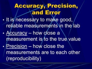 Accuracy, Precision,
and Error
▪ It is necessary to make good,
reliable measurements in the lab
▪ Accuracy – how close a
measurement is to the true value
▪ Precision – how close the
measurements are to each other
(reproducibility)
 