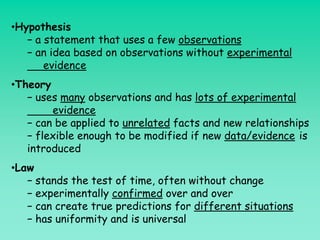 •Hypothesis
   − a statement that uses a few observations
   − an idea based on observations without experimental
       evidence
•Theory
   − uses many observations and has lots of experimental
        evidence
   − can be applied to unrelated facts and new relationships
   − flexible enough to be modified if new data/evidence is
   introduced
•Law
   − stands the test of time, often without change
   − experimentally confirmed over and over
   − can create true predictions for different situations
   − has uniformity and is universal
 