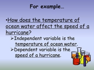For example…

•How does the temperature of
ocean water affect the speed of a
hurricane?
 Independent variable is the
  temperature of ocean water.
 Dependent variable is the
  speed of a hurricane.
 