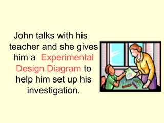 John talks with his
teacher and she gives
 him a Experimental
  Design Diagram to
  help him set up his
     investigation.
 
