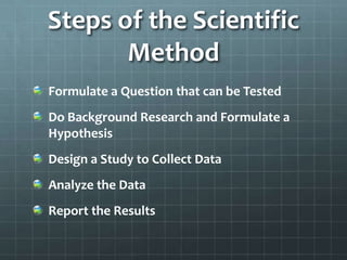 Steps of the Scientific
Method
Formulate a Question that can be Tested
Do Background Research and Formulate a
Hypothesis
Design a Study to Collect Data
Analyze the Data
Report the Results
 