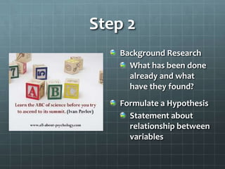 Step 2
Background Research
What has been done
already and what
have they found?
Formulate a Hypothesis
Statement about
relationship between
variables
 