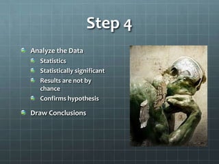 Step 4
Analyze the Data
Statistics
Statistically significant
Results are not by
chance
Confirms hypothesis
Draw Conclusions
 