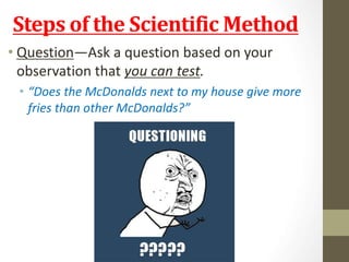 Steps of the Scientific Method 
• Question—Ask a question based on your 
observation that you can test. 
• “Does the McDonalds next to my house give more 
fries than other McDonalds?” 
 