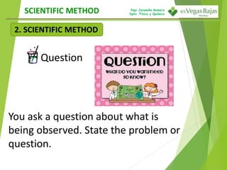 Pepi Jaramillo Romero
Dpto. Física y Química
2. SCIENTIFIC METHOD
SCIENTIFIC METHOD
Question
You ask a question about what is
being observed. State the problem or
question.
 