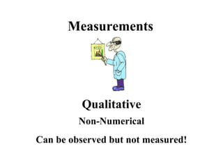 Measurements
Qualitative
Non-Numerical
Can be observed but not measured!
 