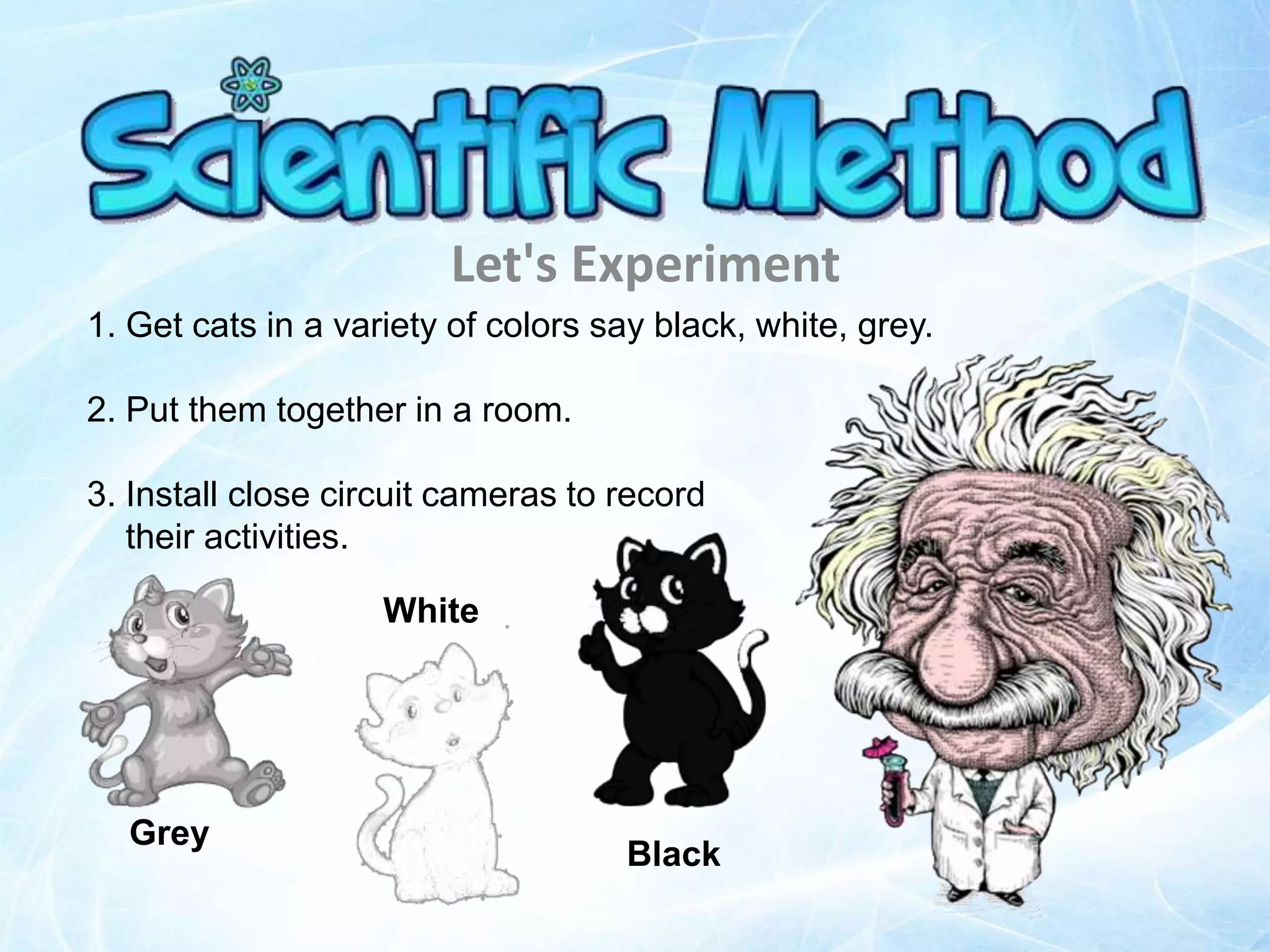 Let's Experiment
1. Get cats in a variety of colors say black, white, grey.
2. Put them together in a room.
3. Install close circuit cameras to record
their activities.
Grey
White
Black
 